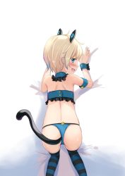 Rule 34 | 1girl, :d, all fours, anal, anal object insertion, anal tail, animal ears, ass, bare shoulders, bed sheet, bikini, blonde hair, blue bikini, blue eyes, blush, butt plug, cameltoe, cat ears, cat tail, commentary, english commentary, fake tail, frilled bikini, frills, glowing, liclac, looking at viewer, looking back, object insertion, open mouth, original, profile, sex toy, short hair, sidelocks, smile, solo, striped clothes, striped thighhighs, swimsuit, tail, tail raised, thighhighs, wrist cuffs