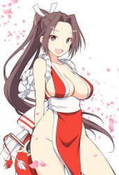 Rule 34 | 1girl, back bow, bad id, bad twitter id, bow, breasts, brown eyes, brown hair, cleavage, commentary request, cowboy shot, dress, fatal fury, folding fan, hair ribbon, hand fan, highres, holding, holding fan, iwami kyuuto, japanese clothes, large breasts, long dress, long hair, looking at viewer, open mouth, pelvic curtain, petals, ponytail, red dress, revealing clothes, ribbon, sash, shiranui mai, smile, solo, standing, the king of fighters, white background, white ribbon, white sash