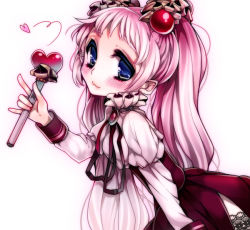 Rule 34 | 1girl, :3, bad id, bad pixiv id, blue eyes, blush, dress, hair ornament, heart, holding, long hair, looking at viewer, original, patatata, pink hair, ribbon, simple background, solo, wand, white background