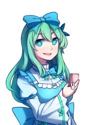 Rule 34 | 1girl, aqua eyes, blue bow, blue bowtie, bow, bowtie, breasts, cellphone, cellphone strap, eyes visible through hair, green hair, hair between eyes, hair bow, hair ornament, hairclip, holding, holding phone, juliet sleeves, long hair, long sleeves, looking at viewer, maid, medium breasts, parted lips, phone, puffy sleeves, rabi-ribi, smile, solo, speckticuls, syaro (rabi-ribi), transparent background, upper body, wide sleeves