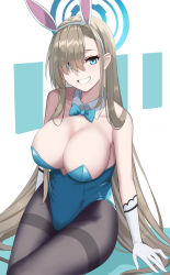 Rule 34 | 1girl, animal ears, asuna (blue archive), asuna (bunny) (blue archive), black pantyhose, blue archive, blue eyes, blue leotard, bow, bowtie, breasts, cleavage, fake animal ears, gaitoou, gloves, grey hair, grin, halo, highres, large breasts, leotard, looking at viewer, one eye covered, pantyhose, playboy bunny, rabbit ears, sitting, smile, solo, traditional bowtie, white gloves