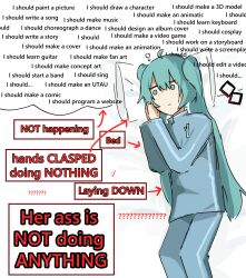 1girl absurdres ahoge arrow_(symbol) bed blue_eyes blue_hair blue_jacket blue_pants closed_mouth eletenshi english_text expressionless feet_out_of_frame hair_ornament hatsune_miku highres jacket long_hair lying on_side pants pillow solo track_jacket track_pants truth twintails unworn_hair_ornament vocaloid white_background