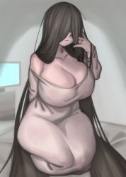 Rule 34 | 1girl, absurdly long hair, arm behind back, bare shoulders, black hair, breasts, cleavage, collarbone, commentary, covered eyes, curvy, dress, hair over eyes, hand in own hair, highres, huge breasts, jewelry, kelvin hiu, long hair, looking at viewer, no bra, ring, solo, television, the ring, thick thighs, thighs, very long hair, white dress, yamamura sadako