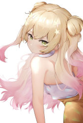 Rule 34 | 1girl, bare shoulders, blonde hair, commentary request, double bun, from behind, gradient hair, green eyes, hair bun, hair ornament, highres, hololive, long hair, looking at viewer, momosuzu nene, multicolored hair, pink hair, sheiou, simple background, solo, two-tone hair, virtual youtuber, white background