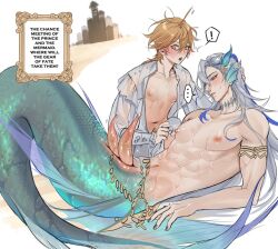 Rule 34 | 2boys, abs, aether (genshin impact), blonde hair, blood, blue hair, blush, earrings, english text, genshin impact, grey hair, hair between eyes, hair ornament, jewelry, long hair, male focus, merman, monster boy, multicolored hair, multiple boys, muscular, muscular male, neuvillette (genshin impact), nipples, nosebleed, open clothes, open mouth, open shirt, penis, pnk crow, shirt, streaked hair, white shirt, yaoi, yellow eyes