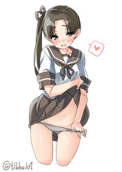 Rule 34 | 10s, 1girl, ayanami (kancolle), black eyes, black hair, blush, brown ribbon, brown skirt, clothes lift, cowboy shot, cropped legs, ebifurya, grey panties, groin, hair ribbon, heart, highres, kantai collection, lifted by self, long hair, looking at viewer, open mouth, panties, panty pull, pleated skirt, pulled by self, ribbon, school uniform, serafuku, short sleeves, side ponytail, simple background, skirt, skirt lift, smile, solo, spoken heart, twitter username, underwear, white background