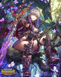 Rule 34 | 1girl, ahoge, armor, armored boots, boots, branch, breasts, bug, butterfly, cape, closed mouth, dragon, dress, elf, flower, gauntlets, greaves, green eyes, hair between eyes, holding, holding sword, holding weapon, in tree, insect, knee pads, leaf, lips, long hair, looking at viewer, medium breasts, pauldrons, pointy ears, purple dress, purple footwear, purple hair, ragnabreak, short dress, shoulder armor, sitting, sitting in tree, solo, sword, thigh strap, tree, wanke, weapon