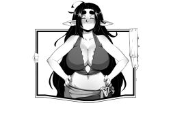 Rule 34 | 1girl, bankage, blush, breasts, cleavage, commentary, crop top, elfie (bankage), greyscale, hands on own hips, large breasts, long hair, midriff, monochrome, navel, original, plunging neckline, pointy ears, smile, solo, thick eyebrows, very long hair