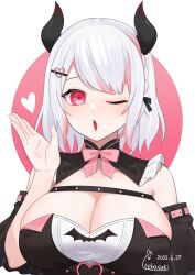 Rule 34 | 1girl, ;o, absurdres, artist name, bare shoulders, black dress, black horns, black ribbon, black sleeves, blowing kiss, bow, bowtie, braid, breasts, cleavage, commission, dated, detached sleeves, dress, hair ornament, hair ribbon, hairclip, hand up, heart, highres, hkvtopia, horns, kisaragi rumii, large breasts, looking at viewer, multicolored hair, one eye closed, open mouth, pink background, pink bow, pink bowtie, pink eyes, pink hair, polka dot, polka dot background, ribbon, short hair, signature, skeb commission, solo, streaked hair, tebamaru, two-tone hair, upper body, virtual youtuber, waving, white background, white hair