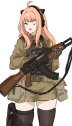 Rule 34 | aged up, anya (spy x family), assault rifle, belt pouch, bulletproof vest, gloves, green eyes, gun, hairpods, headphones, kalashnikov rifle, long hair, military operator, mutugorou u, one eye closed, pink hair, pouch, rifle, shorts, solo, spy x family, tactical clothes, thighhighs, weapon, weapon request