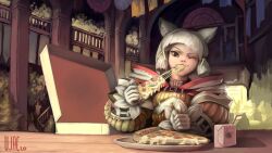 Rule 34 | 1girl, animal ears, black eyes, blunt bangs, cat ears, cat girl, cheese, cheese trail, eating, food, gloves, highres, holding, holding food, holding pizza, juice box, nia (xenoblade), one eye closed, pizza, pizza box, pizza slice, plate, shadow, signature, smile, solo, ujac, upper body, white gloves, xenoblade chronicles (series), xenoblade chronicles 2