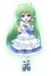Rule 34 | 1girl, blue eyes, blush, breasts, child, dress, golden lore, green hair, kso, long hair, open mouth, original, ribbon, shoes, smile