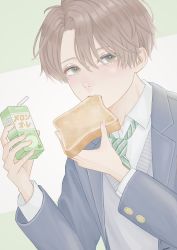 Rule 34 | 1boy, absurdres, ameno (a me9), blazer, blush, bread, bread slice, brown hair, collared shirt, drink, eating, food, food in mouth, green eyes, highres, holding, holding drink, holding food, jacket, juice box, male focus, mouth hold, necktie, original, parted bangs, school uniform, shirt, short hair, solo, striped necktie, sweater, toast, toast in mouth