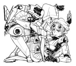Rule 34 | 2girls, android, animification, apex legends, ash (titanfall 2), cable, freckles, goggles, goggles on head, greyscale, hood, hood up, hooded leotard, horizon (apex legends), looking down, lying, monochrome, mononobex, multiple girls, nervous, short hair, simulacrum (titanfall), spacesuit, stuck in a box, sweatdrop, v-shaped eyebrows
