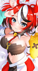 Rule 34 | 1girl, absurdres, animal ears, arms up, asymmetrical sleeves, bare shoulders, black hair, black tube top, blue eyes, blush, breasts, bright pupils, cheese, cleavage, collar, collarbone, cowboy shot, detached sleeves, dice hair ornament, food, from above, grin, hair between eyes, hair ornament, hakos baelz, highres, hololive, hololive english, jewelry, key, key necklace, large breasts, looking at viewer, lying, midriff, miniskirt, mismatched sleeves, mouse (animal), mouse ears, mouse girl, mouse tail, mousetrap, mr. squeaks (hakos baelz), multicolored hair, navel, necklace, on side, onabe no shime, puffy sleeves, red hair, sharp teeth, skirt, smile, solo, spiked collar, spikes, strapless, streaked hair, swept bangs, tail, teeth, tube top, twintails, unworn shirt, virtual youtuber, white hair