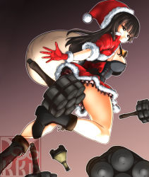 Rule 34 | 1girl, anti-tank grenade, artist logo, artist name, bell, black background, black footwear, blunt bangs, boots, bow, breasts, brown background, carrying over shoulder, christmas, closed mouth, combat boots, convenient censoring, cross-laced footwear, dress, explosive, foreshortening, frilled dress, frills, from side, fur-trimmed dress, fur-trimmed gloves, fur-trimmed jacket, fur trim, girls und panzer, gloves, gradient background, grenade, hafthohlladung, hand grenade, hat, highres, holding, holding sack, jacket, lace, lace-trimmed panties, lace trim, leaning forward, leg up, light frown, long hair, looking at viewer, looking back, mature female, medium breasts, microdress, nishizumi shiho, panties, red gloves, red hat, red jacket, revision, running, sack, santa costume, santa hat, short sleeves, solo, standing, standing on one leg, stick grenade, stielhandgranate, straight hair, throwing, underwear, yellow bow, yoyokkun