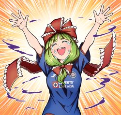 Rule 34 | 1girl, alternate costume, arms up, blunt bangs, bow, breasts, commentary request, cross, cruz azul, crying, emphasis lines, frilled bow, frills, front ponytail, green hair, hair ribbon, kagiyama hina, mefomefo, outstretched arms, ribbon, shirt, short sleeves, soccer uniform, solo, spanish commentary, sportswear, t-shirt, tears, touhou, upper body