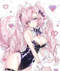 Rule 34 | 1girl, ahoge, animal ear fluff, animal ears, bare shoulders, black bow, black leotard, blush, bow, breasts, collarbone, covered navel, detached collar, drill hair, glint, groin, hair bow, hair intakes, hair ribbon, heart, heart in eye, highres, large breasts, leotard, long hair, original, parted lips, pingo, pink hair, pink tail, pixel art, ribbon, solo, symbol in eye, tail, thigh strap, thighs, twin drills, twintails, white background, white ribbon, wrist cuffs