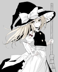 Rule 34 | 1girl, absurdres, apron, back bow, blonde hair, bow, braid, broom, hair bow, hand on own hip, hat, hat bow, hatomehonpo, highres, holding, holding broom, kirisame marisa, long hair, looking at viewer, short sleeves, side braid, skirt, skirt set, smile, solo, touhou, very long hair, waist apron, witch hat, yellow eyes