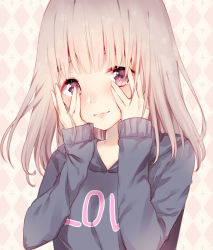 Rule 34 | 1girl, argyle, argyle background, argyle clothes, black sweater, blonde hair, blunt bangs, blush, closed mouth, clothes writing, colored eyelashes, covering face, hands on own face, lips, long hair, long sleeves, looking at viewer, manatsuki manata, original, purple eyes, sleeves past wrists, smile, solo, sweater, tareme, upper body