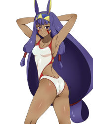 Rule 34 | 1girl, armpits, arms behind head, ass, blush, breasts, cleavage, competition swimsuit, dark-skinned female, dark skin, fate/grand order, fate (series), from side, highres, jacket, kagemusha, long hair, looking at viewer, nitocris (fate), nitocris (fate/grand order), nitocris (swimsuit assassin) (fate), nitocris (swimsuit assassin) (second ascension) (fate), one-piece swimsuit, purple eyes, purple hair, simple background, smile, solo, swimsuit, very long hair, white background