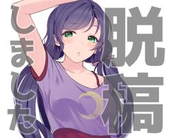Rule 34 | 1girl, arm up, blush, breasts, collarbone, green eyes, hair tie, hand on own head, idol, kate iwana, long hair, looking at viewer, looking to the side, love live!, love live! school idol festival, love live! school idol project, low twintails, medium breasts, purple hair, purple shirt, pursed lips, red tank top, shirt, solo, strap, tank top, tojo nozomi, translation request, twintails, upper body