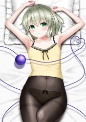 Rule 34 | 1girl, :3, alternate costume, armpits, arms up, black pantyhose, blush, bow, bow panties, casual, closed mouth, collarbone, commentary request, commission, covered navel, cowboy shot, drop shadow, eyelashes, floral print, from above, green eyes, green hair, hair between eyes, head on pillow, heart, heart of string, highres, knee up, komeiji koishi, looking at viewer, lying, medium hair, no headwear, nyanyanoruru, on back, panties, panties under pantyhose, pantyhose, pillow, pixiv commission, shirt, sleeveless, sleeveless shirt, smile, solo, thighband pantyhose, third eye, touhou, underwear, variant set, yellow shirt