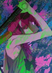 Rule 34 | 1girl, abstract background, arm up, bare arms, black bow, blunt bangs, bocchi the rock!, bow, braid, commentary request, dress, from side, green dress, hair bow, hair over shoulder, hand tattoo, highres, hiroi kikuri, holding, holding instrument, instrument, long hair, lowlifescore, profile, purple eyes, purple hair, single braid, sleeveless, sleeveless dress, solo, tattoo, upper body