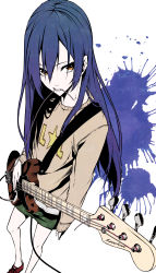 Rule 34 | 1girl, absurdres, bass guitar, blue hair, commentary request, electric guitar, guitar, hair between eyes, highres, holding, instrument, long hair, long sleeves, looking at viewer, love live!, love live! school idol project, mouth hold, simple background, skirt, solo, sonoda umi, standing, vice (kuronekohadokoheiku), white background, yellow eyes
