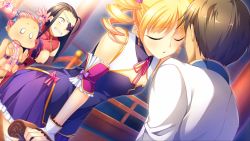 Rule 34 | 1boy, 3girls, black hair, blonde hair, blush, braid, breasts, brown hair, chinese clothes, cleavage, closed eyes, constricted pupils, drill hair, eyepatch, game cg, highres, hongou kazuto, imminent kiss, incoming kiss, kakouton, koihime musou, kyocho chuukou (koihime musou), large breasts, midriff, multiple girls, o o, open mouth, pink hair, puckered lips, school uniform, short hair, sitting, small breasts, sousou (koihime musou), surprised, twin braids, twin drills, wide-eyed