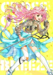 Rule 34 | 1girl, :d, akira ituki, blue bow, blue skirt, bow, floating hair, garter straps, green eyes, holding, holding microphone stand, long hair, long sleeves, macross, macross 7, microphone stand, music, mylene jenius, open mouth, pink hair, singing, skirt, smile, solo, standing, thigh strap, thighhighs, very long hair, white thighhighs, yellow background