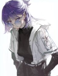 Rule 34 | 1girl, andreana (arknights), andreana (silent arrow) (arknights), arknights, belt, black pants, black shirt, commentary, corrupted twitter file, earrings, hands in pockets, highres, jacket, jewelry, long sleeves, looking at viewer, official alternate costume, pants, purple-tinted eyewear, purple eyes, purple hair, shijiubashuazi, shirt, short ponytail, simple background, solo, symbol-only commentary, tinted eyewear, upper body, white background, white belt, white jacket