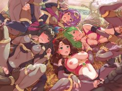 Rule 34 | 4boys, 4girls, alternate costume, black hair, blush, bodystocking, boris (noborhys), breasts, breasts out, brown hair, censored, dorothea arnault, fire emblem, fire emblem: genealogy of the holy war, fire emblem: new mystery of the emblem, fire emblem: three houses, fire emblem awakening, fire emblem heroes, green eyes, green hair, group sex, head out of frame, hetero, highres, holding hands, katarina (fire emblem), large breasts, lene (fire emblem), long hair, multiple boys, multiple girls, nintendo, nipples, open mouth, orgy, penis, pubic tattoo, purple eyes, purple hair, pussy, see-through, sex, short hair, spread legs, sweat, tattoo, tharja (fire emblem), torn clothes, torogao, vaginal
