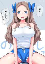 Rule 34 | 1girl, aged up, alternate costume, asakaze (kancolle), blue bow, blue eyes, blue shorts, bow, breasts, cypress, forehead, hair bow, highres, kantai collection, large breasts, light brown hair, long hair, parted bangs, short shorts, shorts, sidelocks, solo, speech bubble, spread legs, tank top, translation request, wavy hair, white tank top
