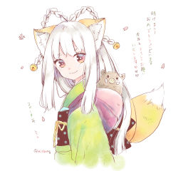 Rule 34 | 1girl, animal, animal ear fluff, animal ears, bell, blush, boar, braid, chinese zodiac, closed mouth, commentary request, fox ears, fox girl, fox tail, green kimono, hair bell, hair ornament, heart, japanese clothes, jingle bell, kimono, long hair, looking at viewer, looking to the side, mito (go!go!king!), obi, original, petals, red eyes, sash, short eyebrows, simple background, smile, solo, tail, thick eyebrows, translated, upper body, white background, white hair, year of the pig