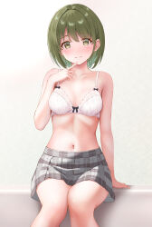 Rule 34 | 1girl, absurdres, arm support, bare legs, blush, bra, breasts, ca paria, collarbone, feet out of frame, green eyes, green hair, grey skirt, highres, idolmaster, idolmaster shiny colors, light smile, looking at viewer, nanakusa nichika, navel, plaid, plaid skirt, pleated skirt, short hair, sitting, skirt, small breasts, solo, stomach, underwear, white bra