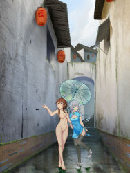 Rule 34 | 2girls, barefoot, blue eyes, breasts, brown eyes, brown hair, china dress, chinese clothes, clothed female nude female, completely nude, day, dongqing zaozigao, dress, feet, female focus, high heels, highres, holding, holding umbrella, long hair, luo tianyi, mary janes, medium breasts, multiple girls, navel, nipples, nude, outdoors, public indecency, public nudity, pussy, shoes, silver hair, sky, smile, thigh gap, thighhighs, toes, umbrella, uncensored, vocaloid, yuezheng ling