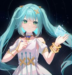 Rule 34 | 1girl, absurdres, aqua hair, chinese commentary, closed mouth, clothing cutout, dress, faruzan (genshin impact), genshin impact, green eyes, hair ornament, hairpin, hands up, highres, huang tie lin, jewelry, light blush, long hair, open hand, ring, shoulder cutout, solo, symbol-shaped pupils, triangle-shaped pupils, twintails, upper body, white dress, wristlet, x hair ornament