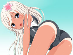 Rule 34 | 10s, 1girl, all fours, ass, blue eyes, crop top, flower, from behind, hair flower, hair ornament, jii kooji, kantai collection, looking at viewer, looking back, one-piece tan, open mouth, ro-500 (kancolle), sailor collar, school swimsuit, smile, solo, swimsuit, swimsuit under clothes, tan, tanline