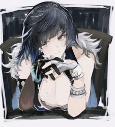 Rule 34 | 1girl, asymmetrical gloves, bare shoulders, black gloves, black hair, blue hair, bob cut, border, bracelet, breasts, chair, cleavage, closed mouth, diagonal bangs, elbow gloves, elbows on table, emiya negi, fingerless gloves, fur-trimmed jacket, fur trim, genshin impact, gloves, green eyes, halterneck, highres, interlocked fingers, jacket, jacket on shoulders, jewelry, large breasts, looking to the side, mismatched gloves, mole, mole on arm, mole on breast, multicolored hair, own hands together, short hair, sideways glance, single elbow glove, single fingerless glove, sitting, smile, solo, two-tone hair, upper body, white border, white gloves, yelan (genshin impact)