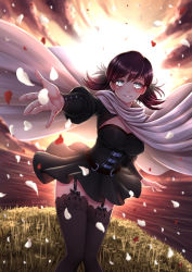Rule 34 | 1girl, adsouto, black dress, black hair, black pantyhose, blush, breasts, cape, cleavage, cloak, cloud, cloudy sky, commentary, dress, english commentary, flower, frilled dress, frills, garter straps, gradient hair, grey eyes, highres, hood, hooded cloak, pantyhose under shorts, long sleeves, looking at viewer, mature female, multicolored hair, pantyhose, petals, red flower, red hair, red rose, rose, rose petals, rwby, shorts, sky, smile, summer rose, sunset, thighhighs, two-tone hair, white cape, white flower, white rose