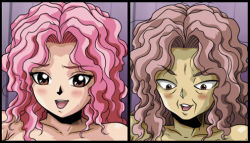 Rule 34 | 1girl, aged down, aged up, before and after, blush, female focus, genkai, grey hair, long hair, lowres, madoc, old, old woman, pink hair, yuu yuu hakusho