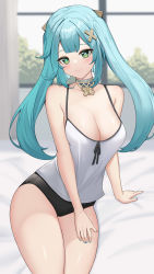 Rule 34 | 1girl, absurdres, aqua hair, aqua nails, blurry, blurry background, breasts, closed mouth, cowboy shot, curtains, faruzan (genshin impact), genshin impact, green eyes, hair ornament, highres, large breasts, looking at viewer, nail polish, smile, solo, symbol-shaped pupils, thighs, triangle-shaped pupils, twintails, uka (315302627), window, x hair ornament