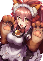 Rule 34 | 1girl, absurdres, animal ears, apron, bad id, bad pixiv id, bell, blush, breasts, cleavage, collar, fangs, fate/grand order, fate (series), female focus, fox ears, hachiroku (hatirokusann86), hair ribbon, highres, large breasts, long hair, looking at viewer, maid, maid apron, maid headdress, neck bell, open mouth, pink hair, ribbon, simple background, solo, tamamo (fate), tamamo cat (fate), tamamo cat (second ascension) (fate), tamamo no mae (fate/extra), white background, yellow eyes