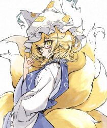 Rule 34 | 1girl, animal ears, blonde hair, closed mouth, deal360acv, dress, fox girl, fox shadow puppet, fox tail, hand up, hat, highres, kitsune, long sleeves, looking at viewer, mob cap, multiple tails, short hair, simple background, smile, solo, tabard, tail, touhou, white background, white dress, white hat, yakumo ran, yellow eyes