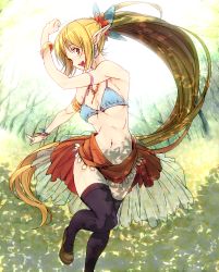 Rule 34 | 1girl, :d, amami amayu, armlet, bikini, bikini top only, blonde hair, bracelet, dancing, earrings, elf, hair ornament, jewelry, long hair, long pointy ears, looking at viewer, monster collection, navel, necklace, open mouth, pointy ears, ponytail, smile, solo, swimsuit, thighhighs, very long hair