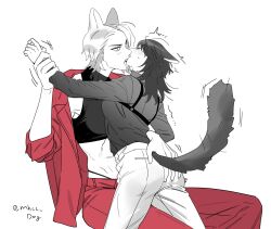 Rule 34 | 2girls, animal ears, black shirt, blush, cat ears, cat girl, cat tail, chest strap, chief (path to nowhere), closed eyes, collared shirt, commentary request, crop top, dog 9uk, female chief (path to nowhere), greyscale, hand on another&#039;s ass, highres, holding another&#039;s wrist, kemonomimi mode, kiss, korean commentary, licking, licking another&#039;s face, long hair, monochrome, multiple girls, open clothes, open shirt, panties, pants, path to nowhere, red pants, red shirt, shirt, short hair, sleeveless, sleeveless shirt, spot color, sweatdrop, tail, toned, trembling, twitter username, underwear, yuri, zoya (path to nowhere)