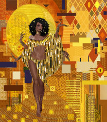 Rule 34 | 1girl, absurdres, bangle, bare shoulders, barefoot, big hair, black hair, black lips, bracelet, breasts, claw ring, cleavage, commentary, dark skin, dark-skinned female, earrings, english commentary, extra arms, facial tattoo, fine art parody, full body, gold, gold choker, gold trim, gustav klimt (style), highres, hoop earrings, jewelry, lips, lipstick, looking to the side, makeup, medium breasts, medium hair, midriff, navel, original, parody, shoulder tattoo, solo, stomach, tattoo, thighs, toes, toned, very dark skin, walking, william nichols