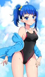 Rule 34 | 1girl, ahoge, blue eyes, blue hair, blue jacket, blue sky, bow, breasts, cleft of venus, cloud, cloudy sky, commentary, competition swimsuit, covered navel, cowboy shot, cut bangs, day, hair bow, highleg, highleg swimsuit, highres, hirogaru sky! precure, jacket, kaatsu katsurou, light frown, long sleeves, looking at viewer, medium hair, off shoulder, one-piece swimsuit, open clothes, open jacket, outdoors, parted lips, precure, side ponytail, single sidelock, sky, small breasts, solo, sora harewataru, standing, swimsuit, wet, yellow bow
