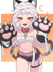 Rule 34 | 1girl, :3, absurdres, animal collar, animal ears, animal hands, bandaged head, bandaged tail, bandages, bare shoulders, black shorts, broken, broken chain, cat ears, cat tail, chain, chest sarashi, collar, commentary request, cowboy shot, crescent, fake animal ears, fake tail, fangs, fishnets, flat chest, garter straps, gloves, grey hair, hands up, highres, hololive, hoshi usagi, light blush, long hair, looking at viewer, murasaki shion, navel, open fly, open mouth, orange background, paw gloves, red collar, sarashi, short eyebrows, short shorts, shorts, sidelocks, single garter strap, smile, solo, star (symbol), stomach, tail, teeth, thigh strap, two-tone background, v-shaped eyebrows, virtual youtuber, white background, yellow eyes
